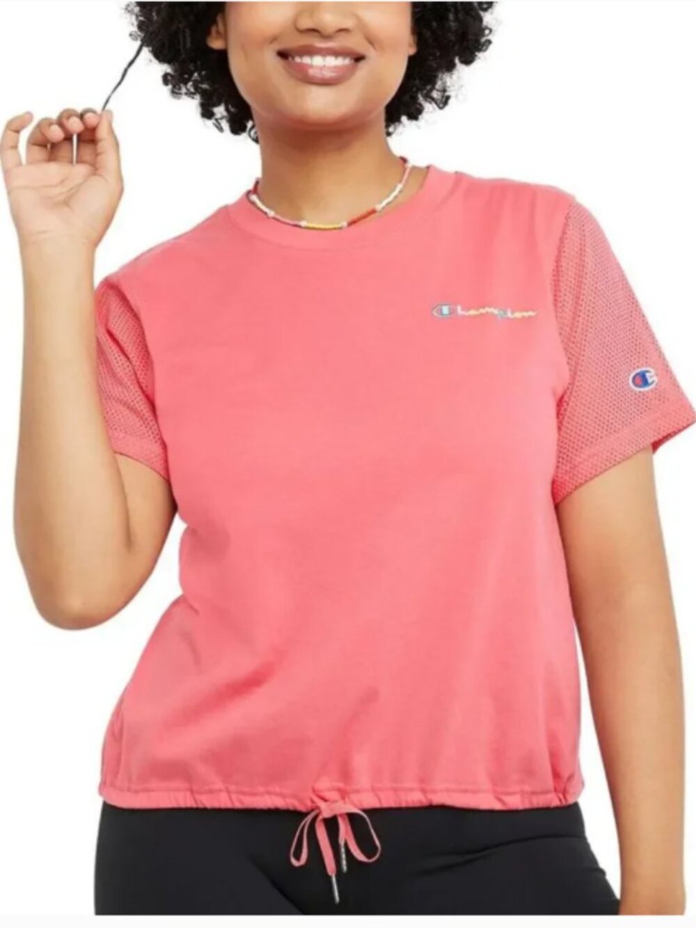 Champion Campus Drawstring T-Shirt Mesh Sleeves Coral Pink Size XL
